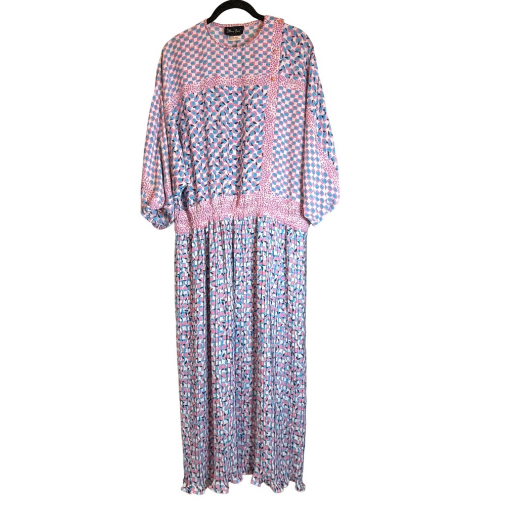 Diane Freis Vintage 80s Print Georgette Maxi Dress Pink Blue Pleated Smocked
